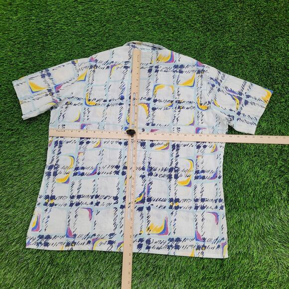 Vintage 80s Abstract Hippie Button Shirt Large 23x28 Blue Groovy - Picture 3 of 11